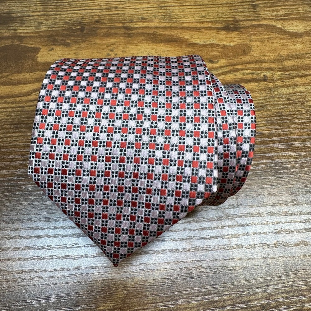 Coogi Mens Silk Like Polyester Necktie Red Silver‎ Black Geometric Check Pattern